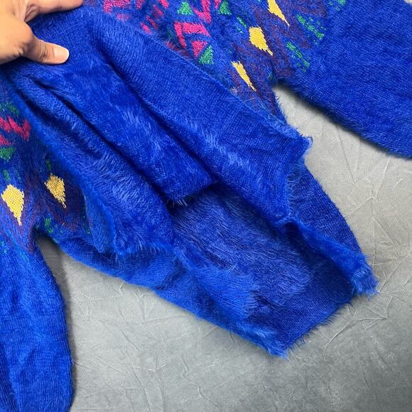 Cultural Fair Isle Print Fluffy Furry Knit Pullover Sweater Soft Shiny T-11 - Picture 6 of 9